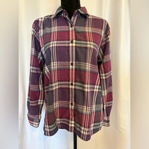 Alfred Dunner purple plaid metallic long sleeve button down blouse size 10P